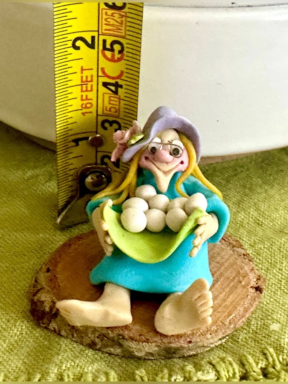 Nancy Pippen People Signed Handmade Clay Witch Figurine on Driftwood - 1.5”in